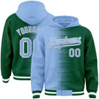 Custom Light Blue Kelly Green-White Gradient Line Bomber Full-Snap Varsity Letterman Hoodie Jacket