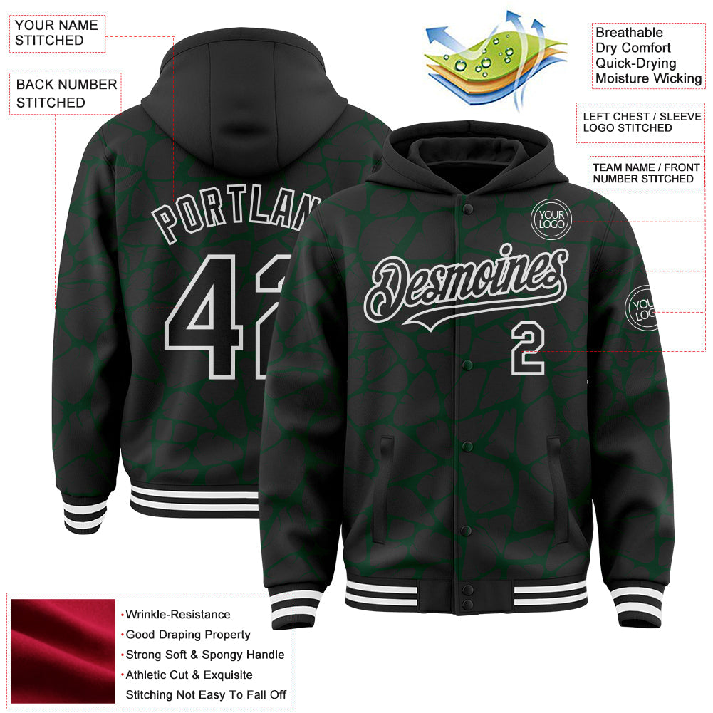 Custom Black Green-White Abstract Network 3D Pattern Design Bomber Full-Snap Varsity Letterman Hoodie Jacket