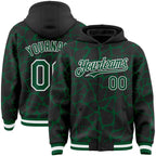 Custom Black Kelly Green-White Abstract Network 3D Pattern Design Bomber Full-Snap Varsity Letterman Hoodie Jacket