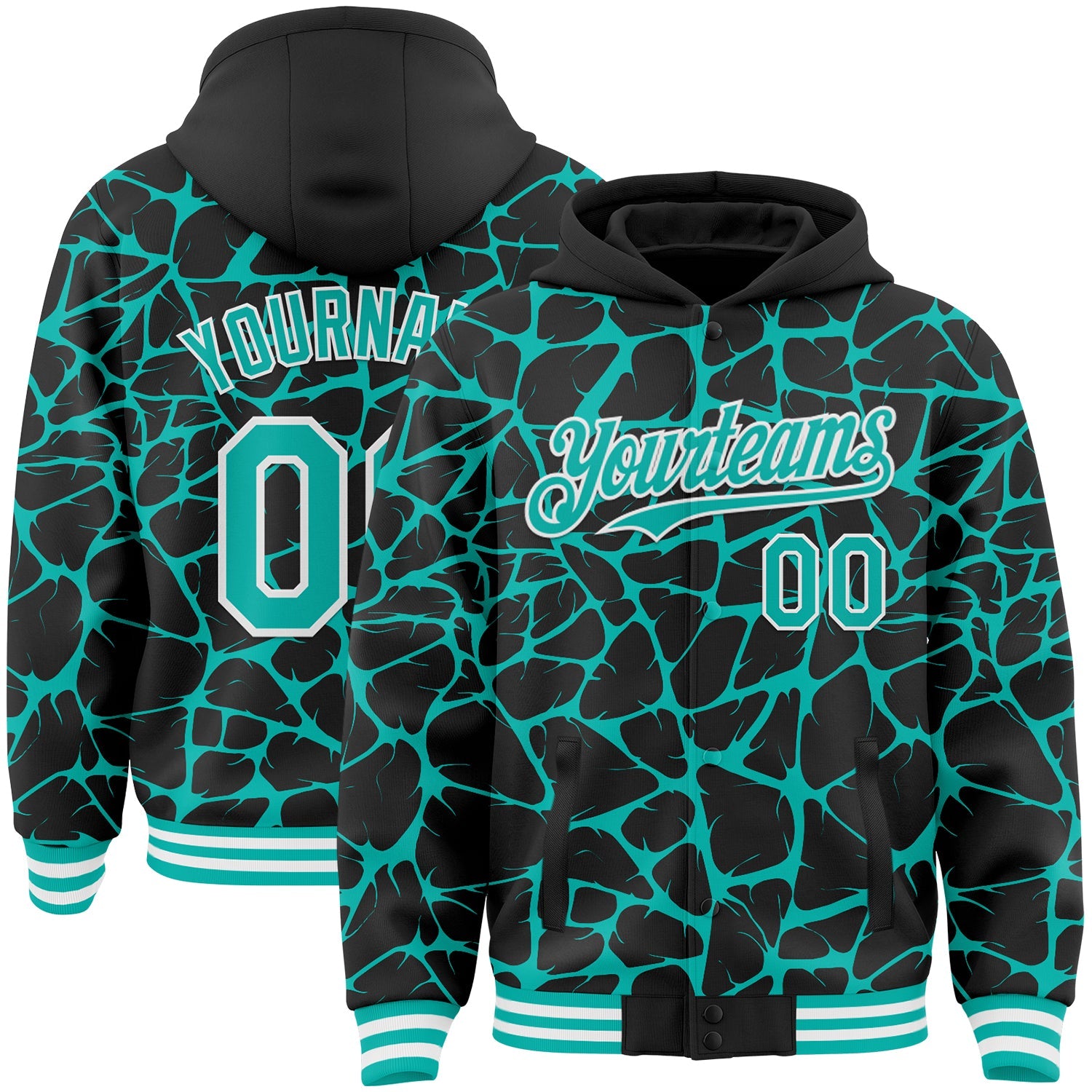 Custom Black Aqua-White Abstract Network 3D Pattern Design Bomber Full-Snap Varsity Letterman Hoodie Jacket