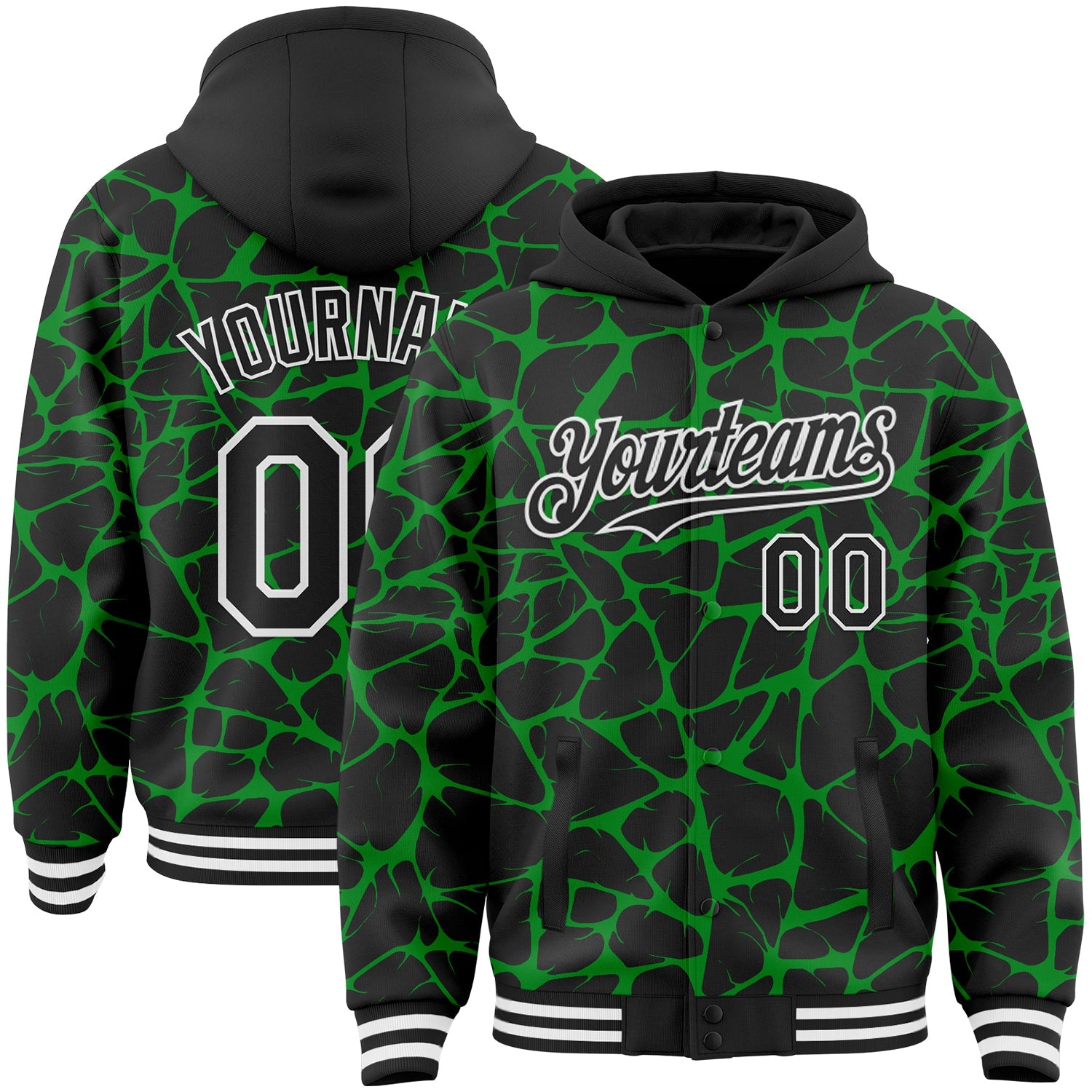 Custom Black Grass Green-White Abstract Network 3D Pattern Design Bomber Full-Snap Varsity Letterman Hoodie Jacket