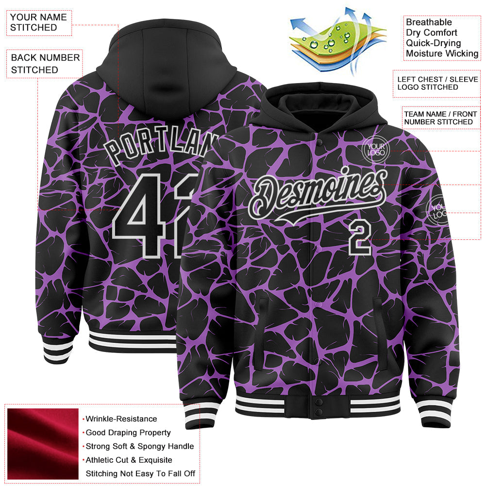 Custom Black Medium Purple-White Abstract Network 3D Pattern Design Bomber Full-Snap Varsity Letterman Hoodie Jacket