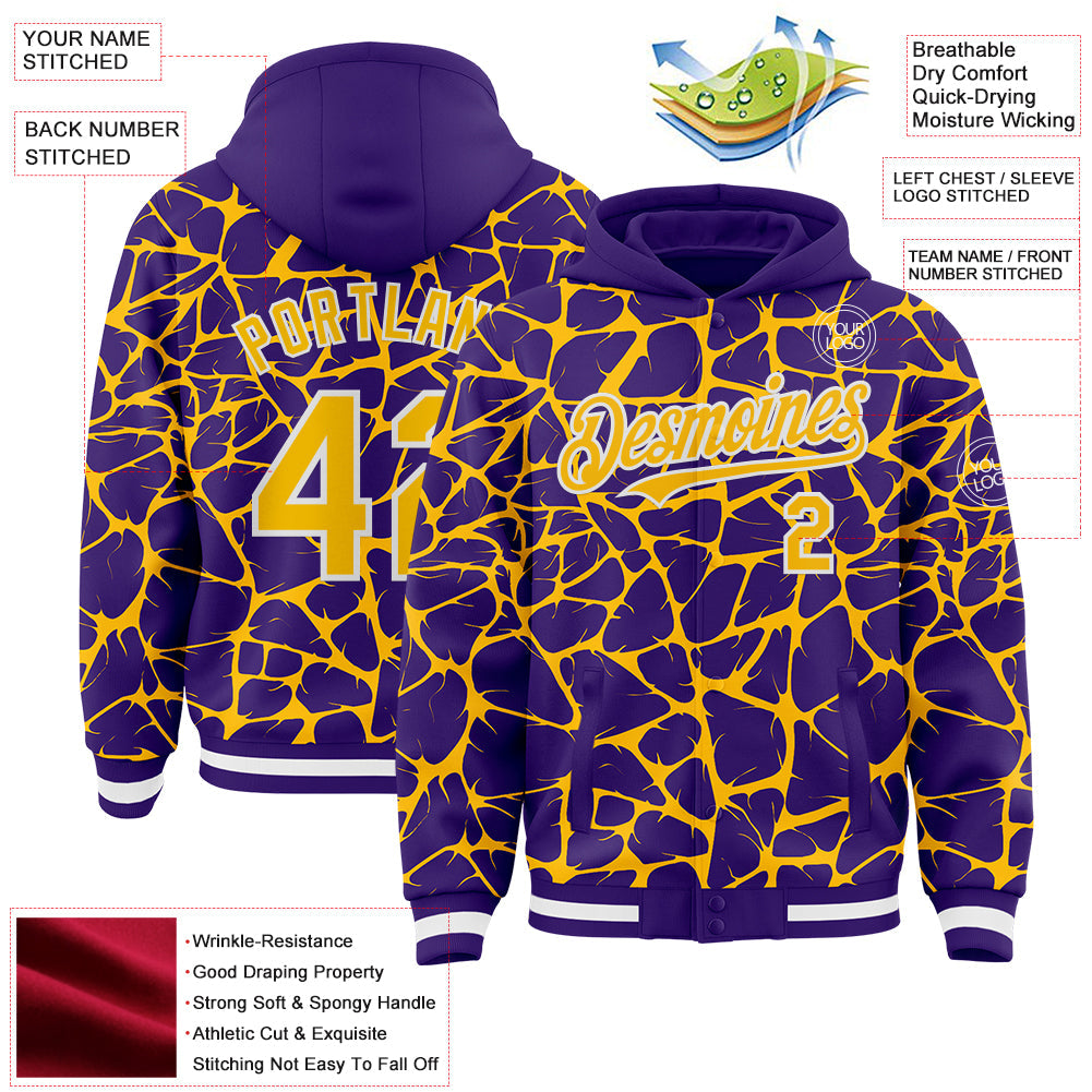 Custom Purple Gold-White Abstract Network 3D Pattern Design Bomber Full-Snap Varsity Letterman Hoodie Jacket
