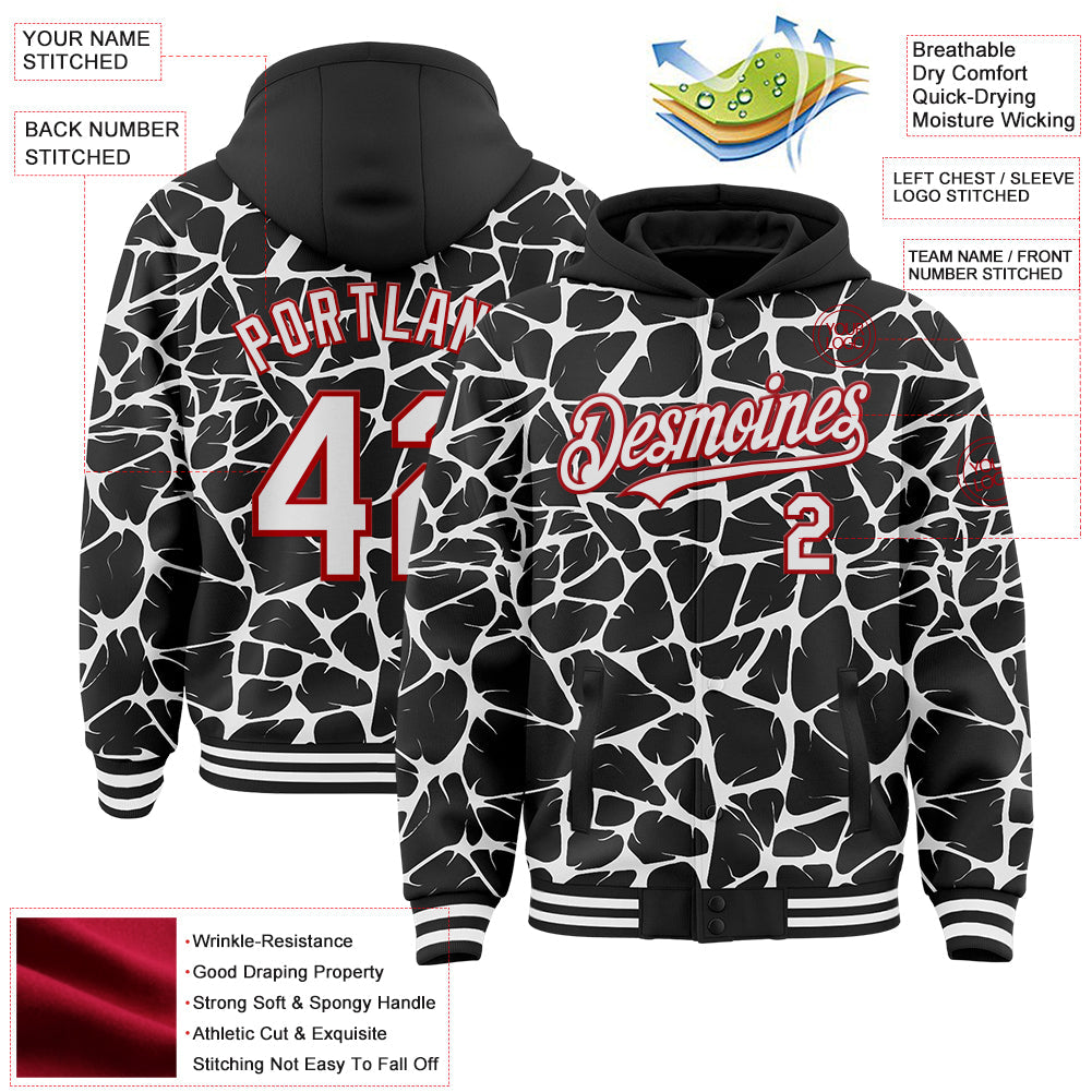 Custom Black White-Red Abstract Network 3D Pattern Design Bomber Full-Snap Varsity Letterman Hoodie Jacket