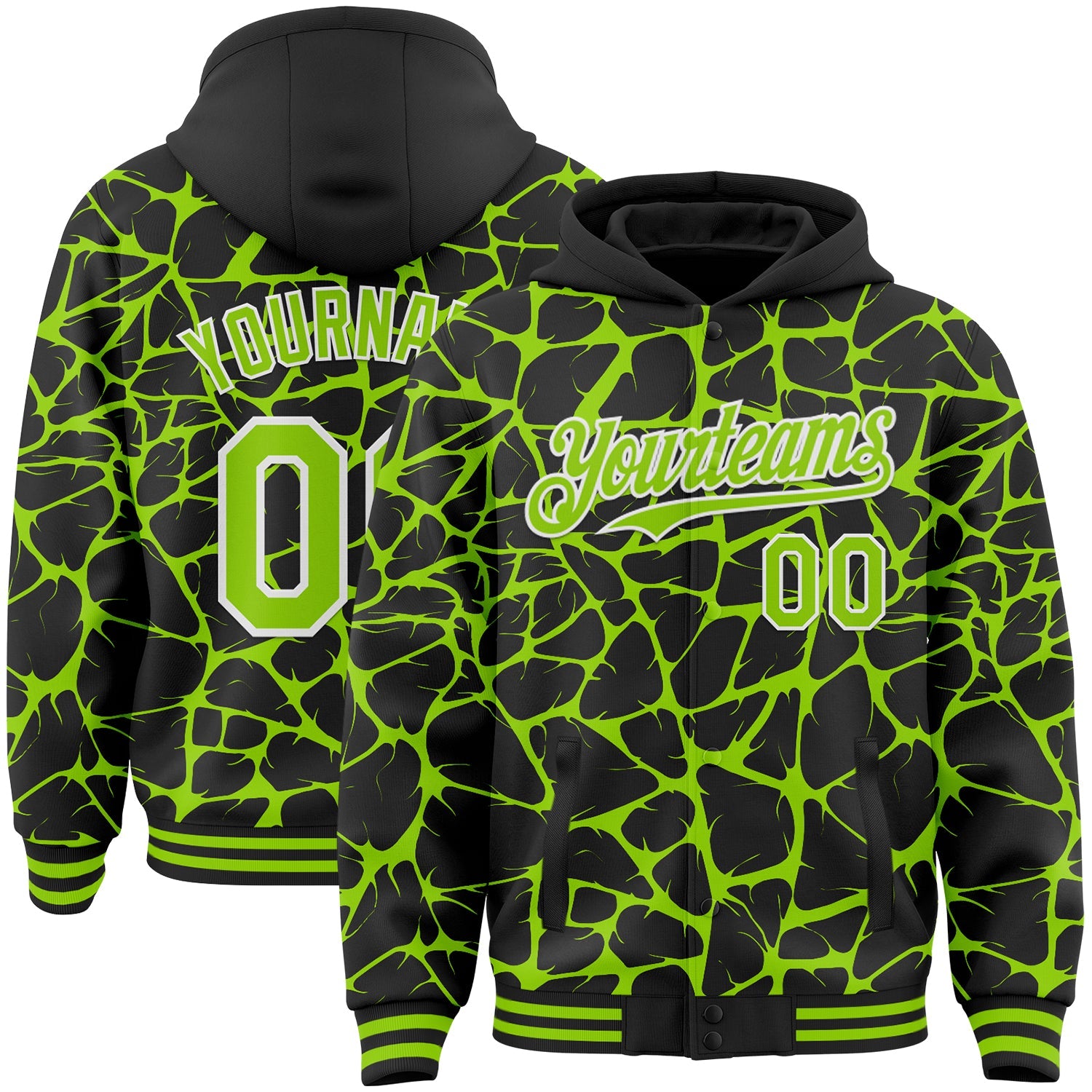 Custom Black Neon Green-White Abstract Network 3D Pattern Design Bomber Full-Snap Varsity Letterman Hoodie Jacket
