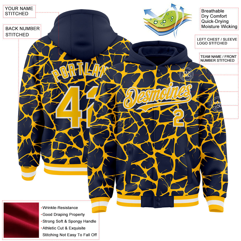 Custom Navy Gold-White Abstract Network 3D Pattern Design Bomber Full-Snap Varsity Letterman Hoodie Jacket