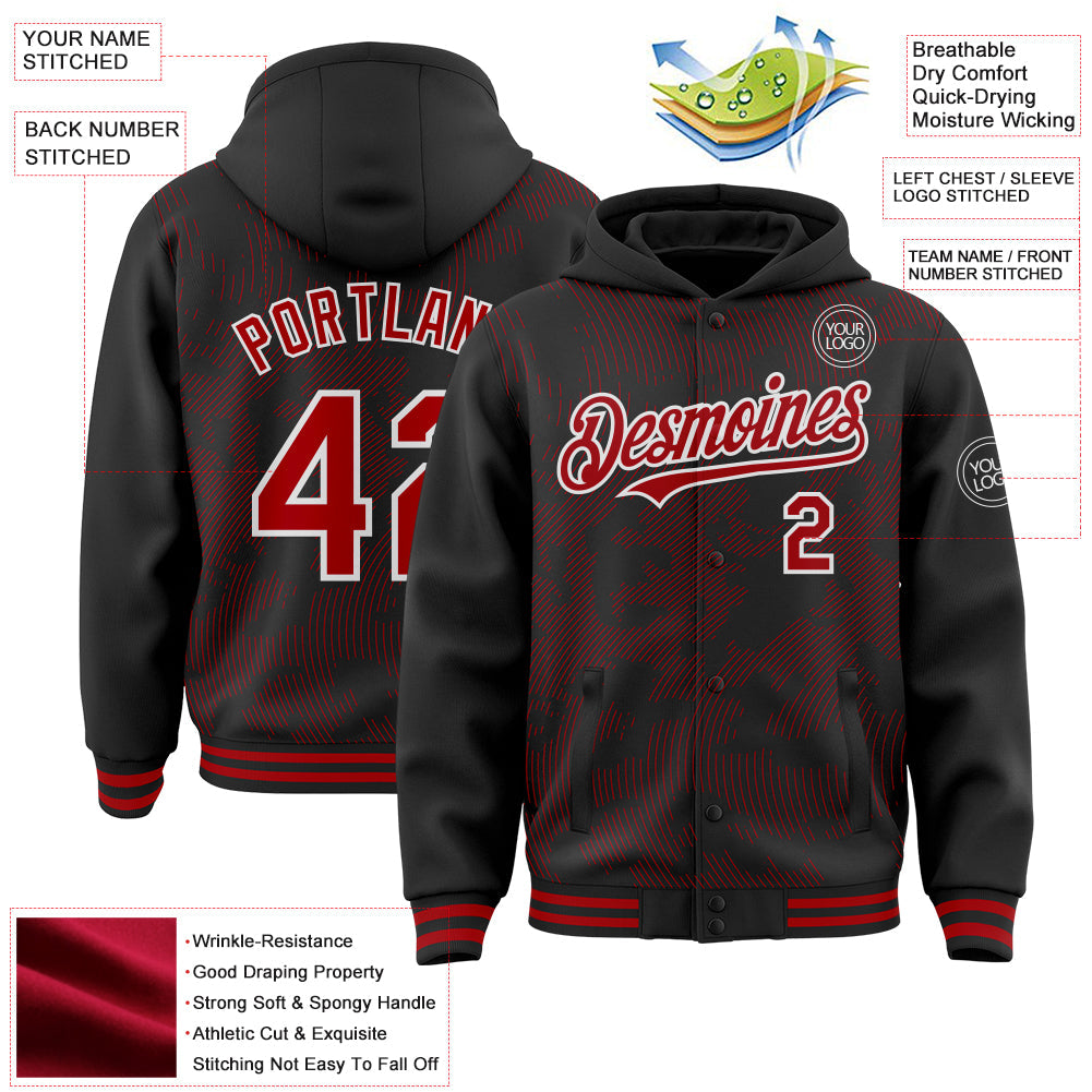 Custom Black Red-White Curve Lines 3D Pattern Design Bomber Full-Snap Varsity Letterman Hoodie Jacket