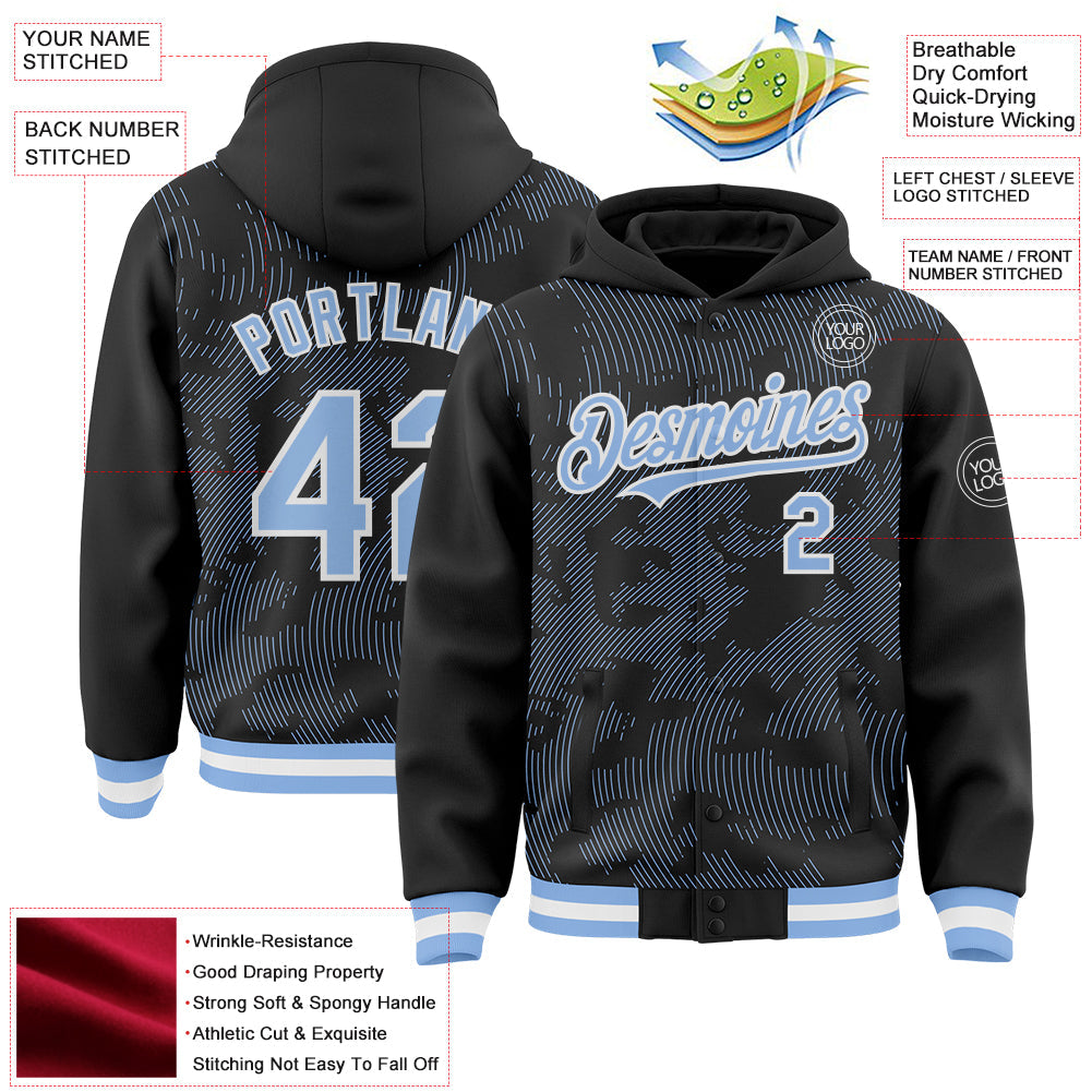 Custom Black Light Blue-White Curve Lines 3D Pattern Design Bomber Full-Snap Varsity Letterman Hoodie Jacket