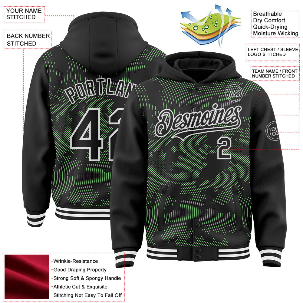 Custom Black Pea Green-White Curve Lines 3D Pattern Design Bomber Full-Snap Varsity Letterman Hoodie Jacket