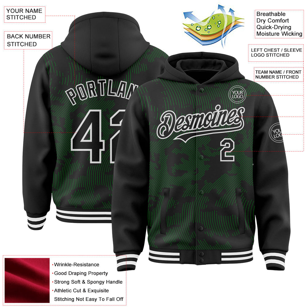 Custom Black Grass Green-White Curve Lines 3D Pattern Design Bomber Full-Snap Varsity Letterman Hoodie Jacket