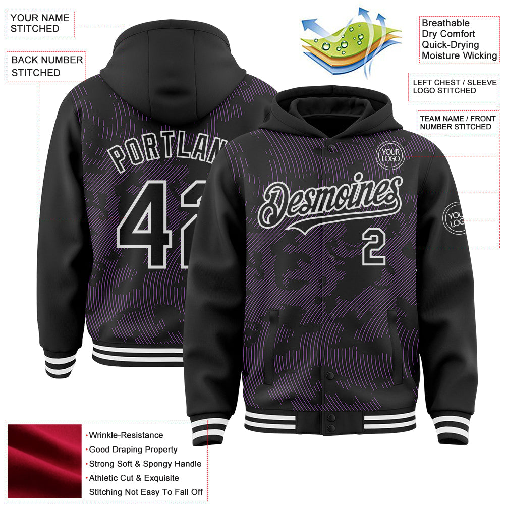 Custom Black Medium Purple-White Curve Lines 3D Pattern Design Bomber Full-Snap Varsity Letterman Hoodie Jacket