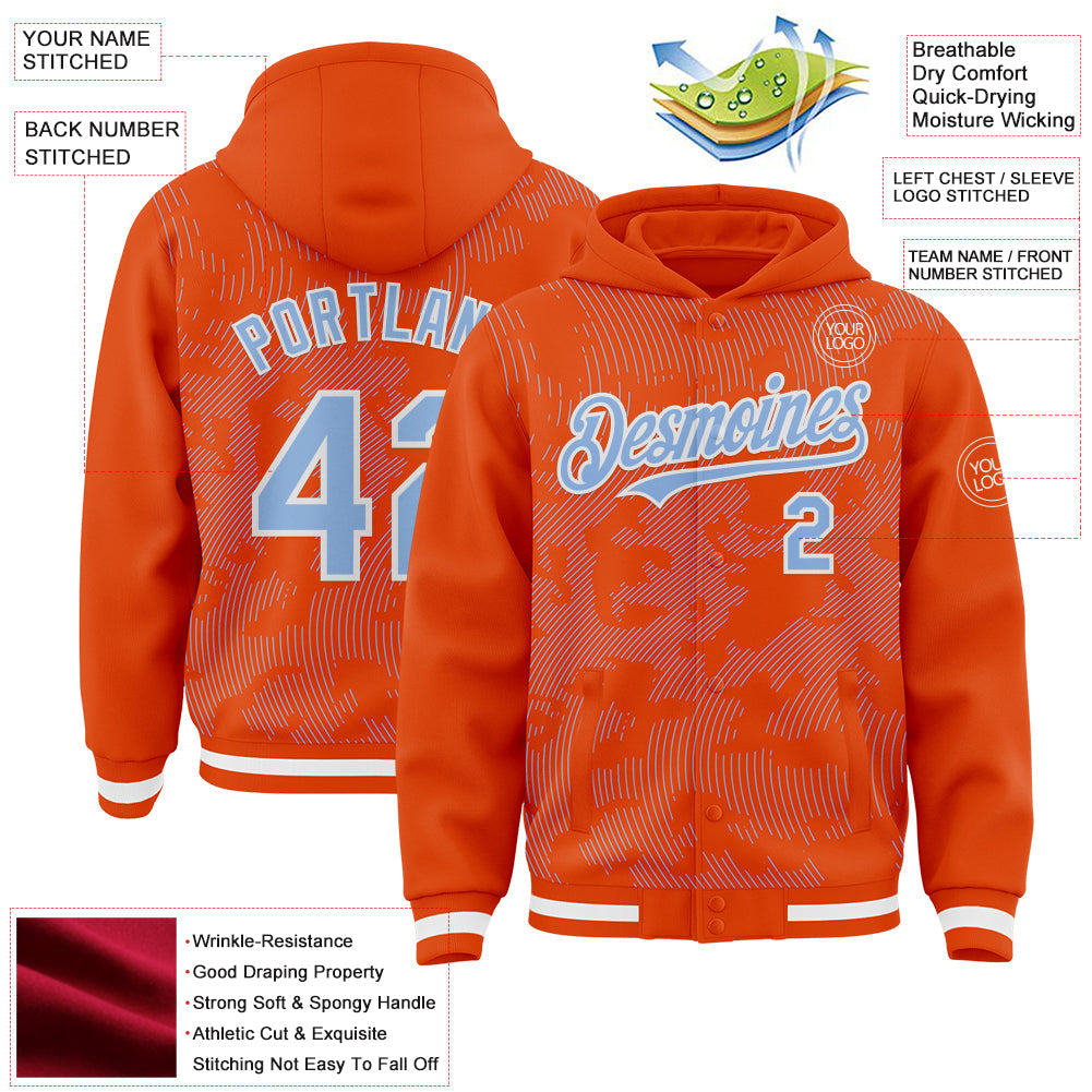 Custom Orange Light Blue-White Curve Lines 3D Pattern Design Bomber Full-Snap Varsity Letterman Hoodie Jacket