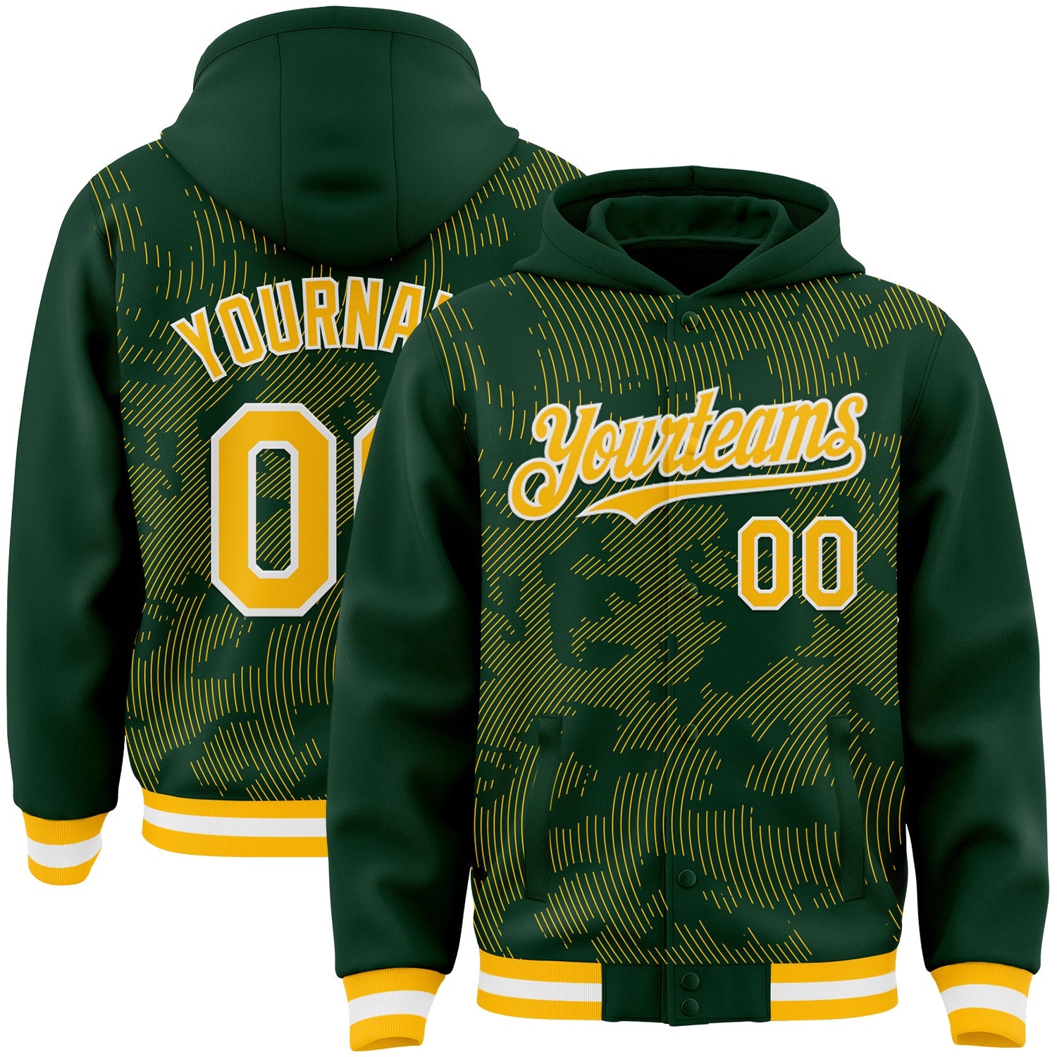 Custom Green Gold-White Curve Lines 3D Pattern Design Bomber Full-Snap Varsity Letterman Hoodie Jacket