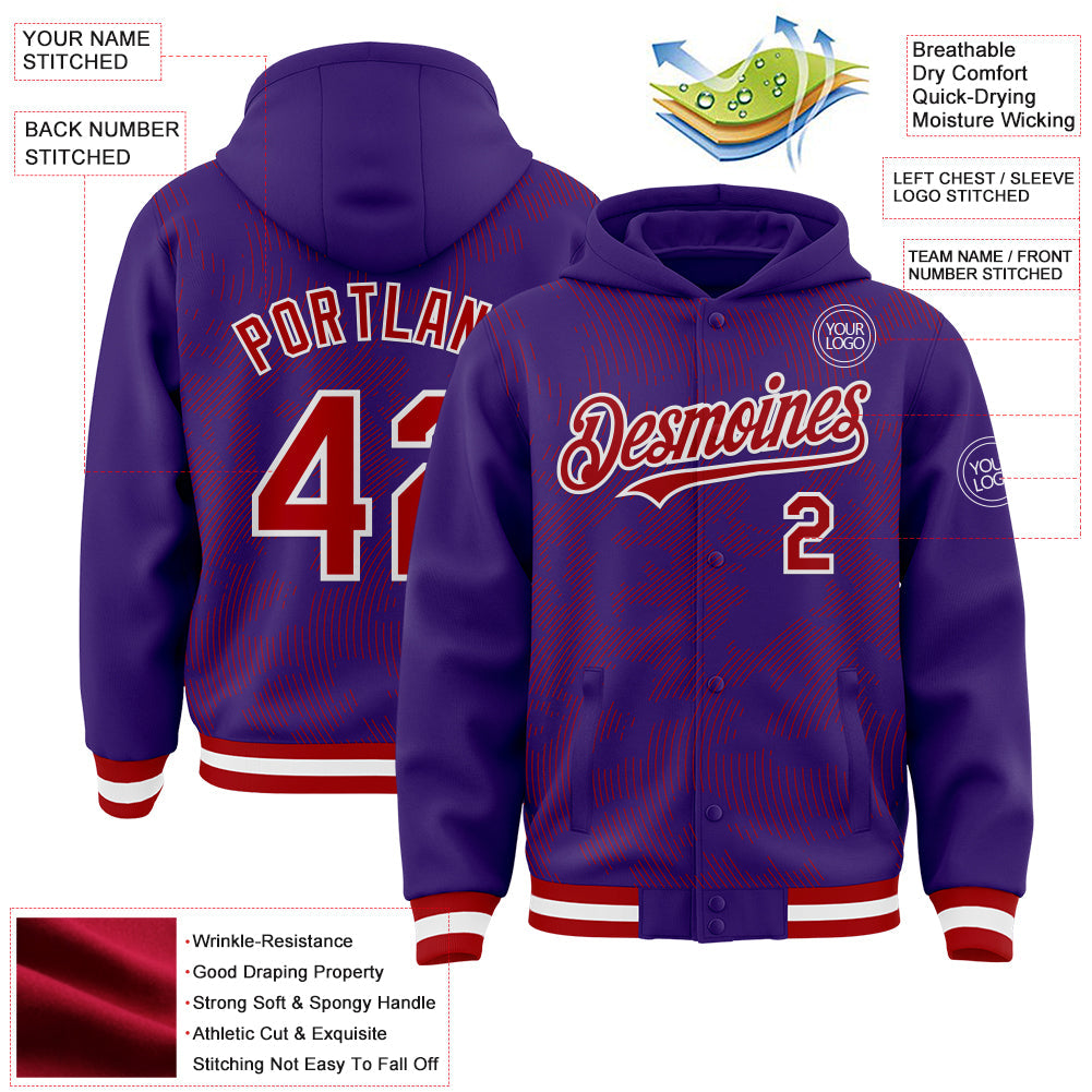 Custom Purple Red-White Curve Lines 3D Pattern Design Bomber Full-Snap Varsity Letterman Hoodie Jacket