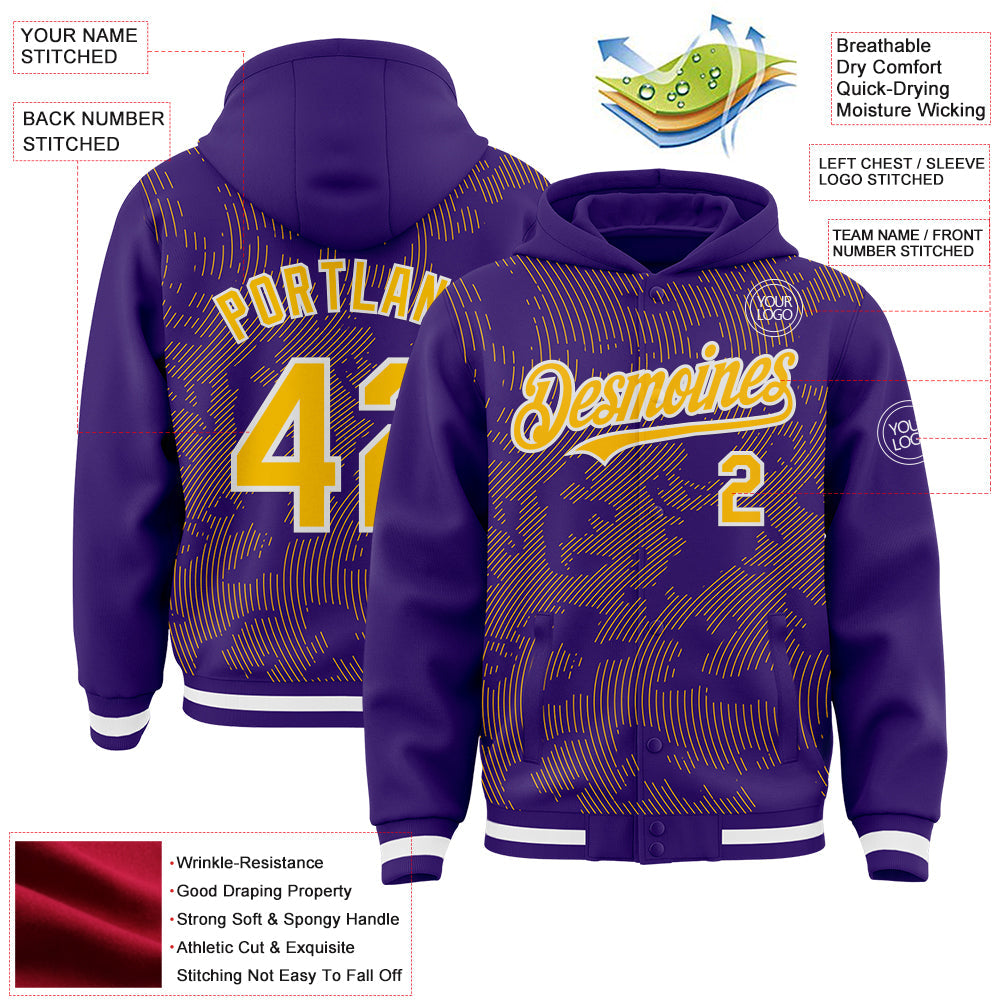 Custom Purple Gold-White Curve Lines 3D Pattern Design Bomber Full-Snap Varsity Letterman Hoodie Jacket
