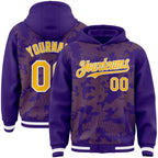Custom Purple Gold-White Curve Lines 3D Pattern Design Bomber Full-Snap Varsity Letterman Hoodie Jacket
