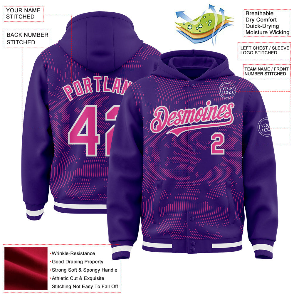 Custom Purple Pink-White Curve Lines 3D Pattern Design Bomber Full-Snap Varsity Letterman Hoodie Jacket