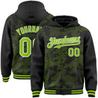 Custom Black Neon Green-White Curve Lines 3D Pattern Design Bomber Full-Snap Varsity Letterman Hoodie Jacket