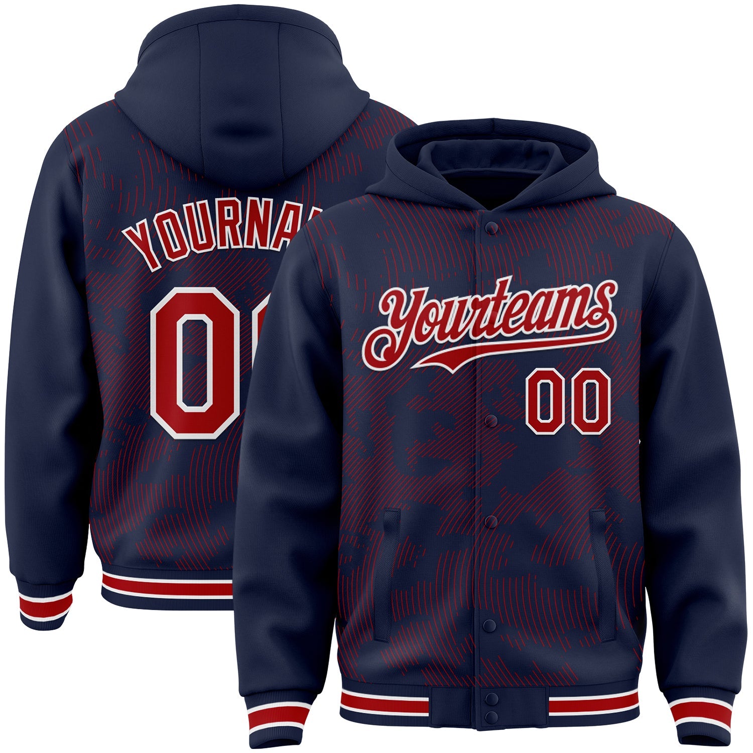 Custom Navy Red-White Curve Lines 3D Pattern Design Bomber Full-Snap Varsity Letterman Hoodie Jacket