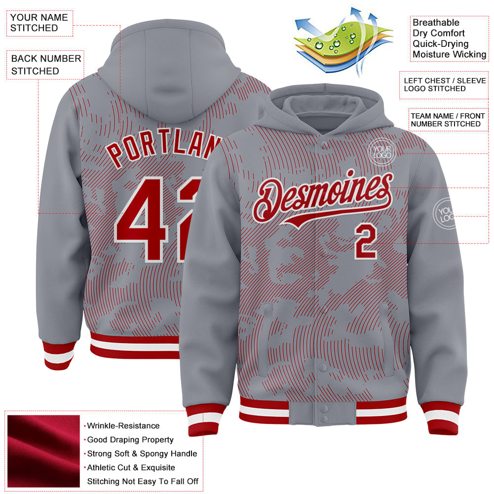 Custom Gray Red-White Curve Lines 3D Pattern Design Bomber Full-Snap Varsity Letterman Hoodie Jacket