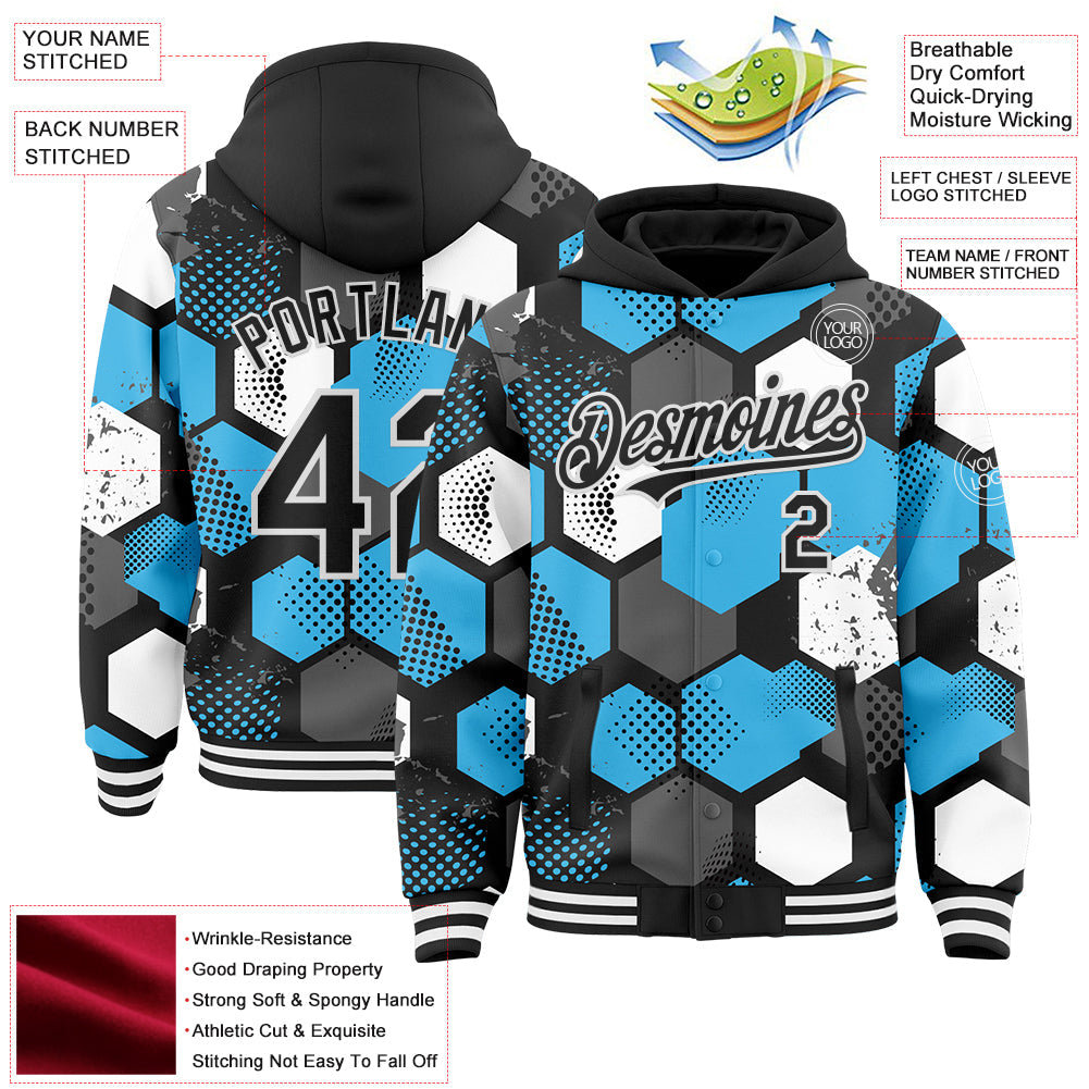 Custom Black Sky Blue-White Geometric Shape 3D Pattern Design Bomber Full-Snap Varsity Letterman Hoodie Jacket