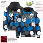 Custom Black Powder Blue-White Geometric Shape 3D Pattern Design Bomber Full-Snap Varsity Letterman Hoodie Jacket