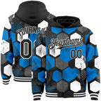 Custom Black Powder Blue-White Geometric Shape 3D Pattern Design Bomber Full-Snap Varsity Letterman Hoodie Jacket