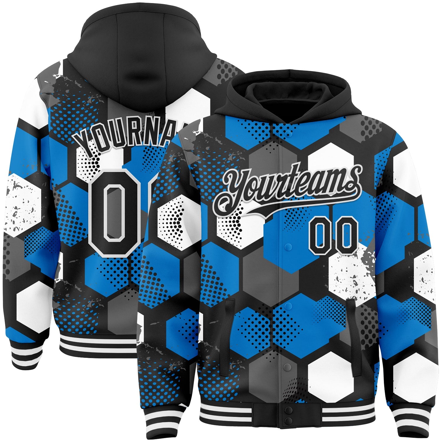 Custom Black Powder Blue-White Geometric Shape 3D Pattern Design Bomber Full-Snap Varsity Letterman Hoodie Jacket