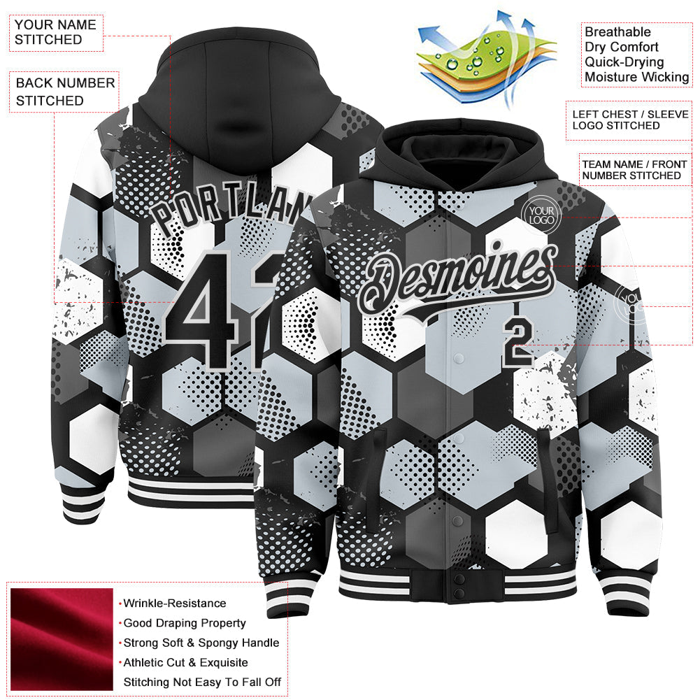Custom Black Silver-White Geometric Shape 3D Pattern Design Bomber Full-Snap Varsity Letterman Hoodie Jacket