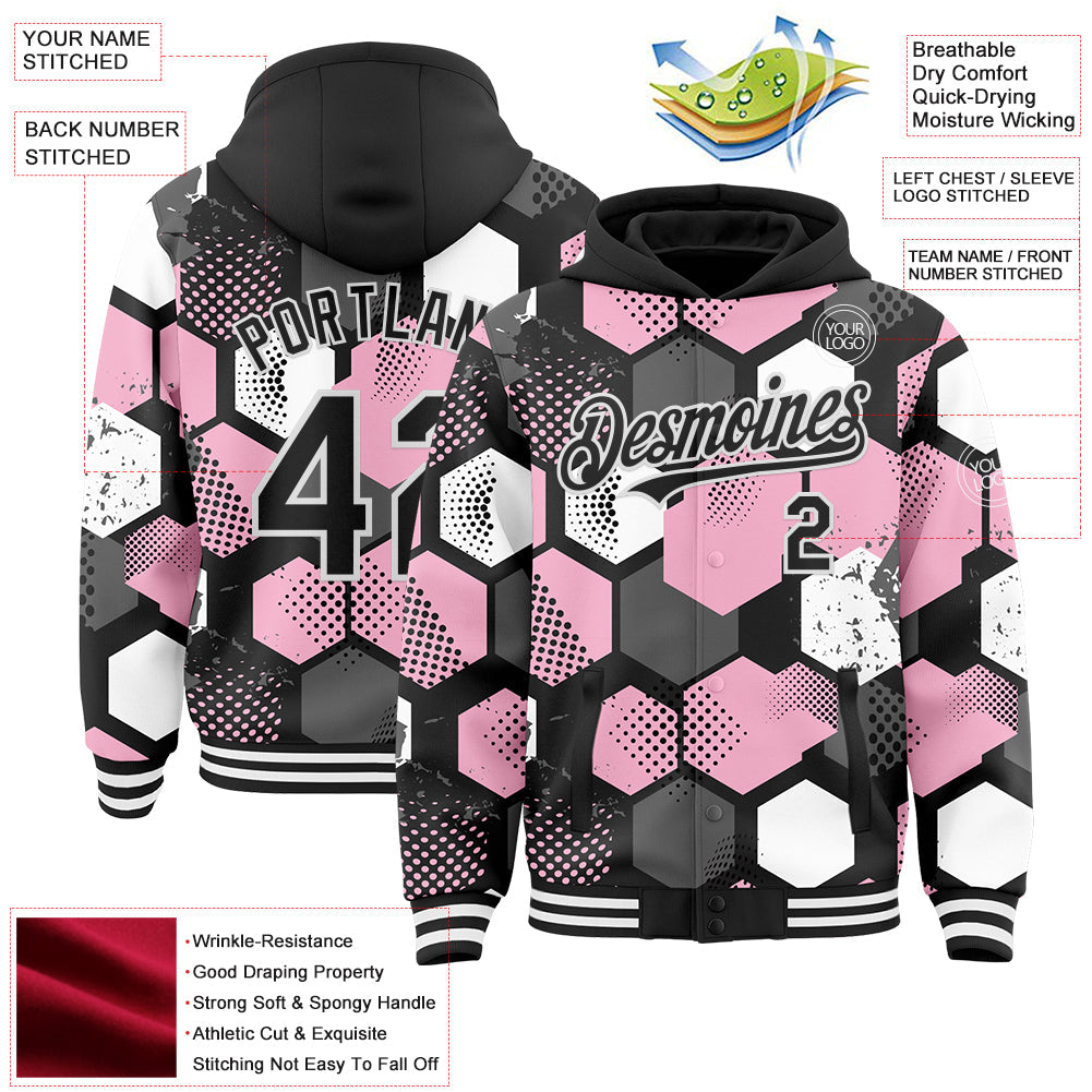 Custom Black Light Pink-White Geometric Shape 3D Pattern Design Bomber Full-Snap Varsity Letterman Hoodie Jacket