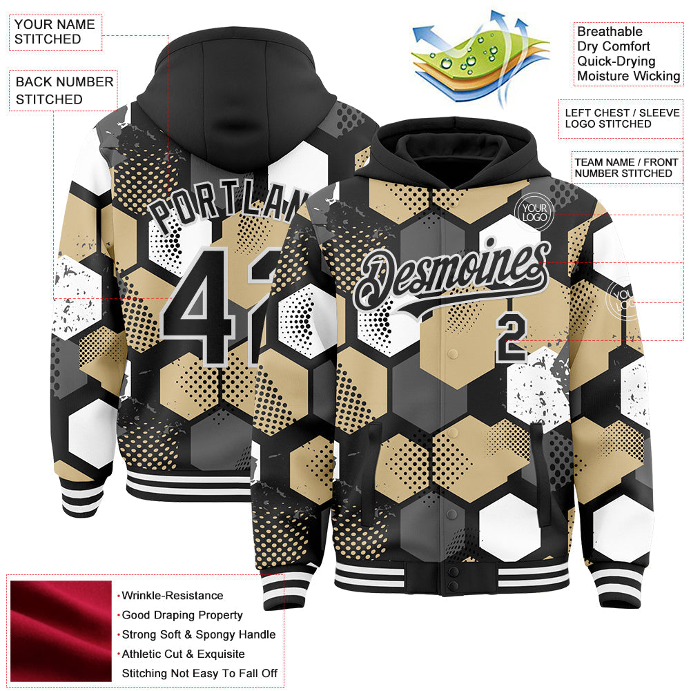 Custom Black Vegas Gold-White Geometric Shape 3D Pattern Design Bomber Full-Snap Varsity Letterman Hoodie Jacket