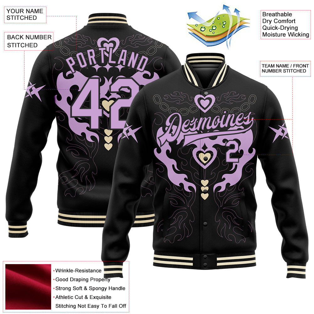 Custom Black Light Purple-Cream Gothic Y2K 3D Pattern Design Bomber Full-Snap Varsity Letterman Jacket