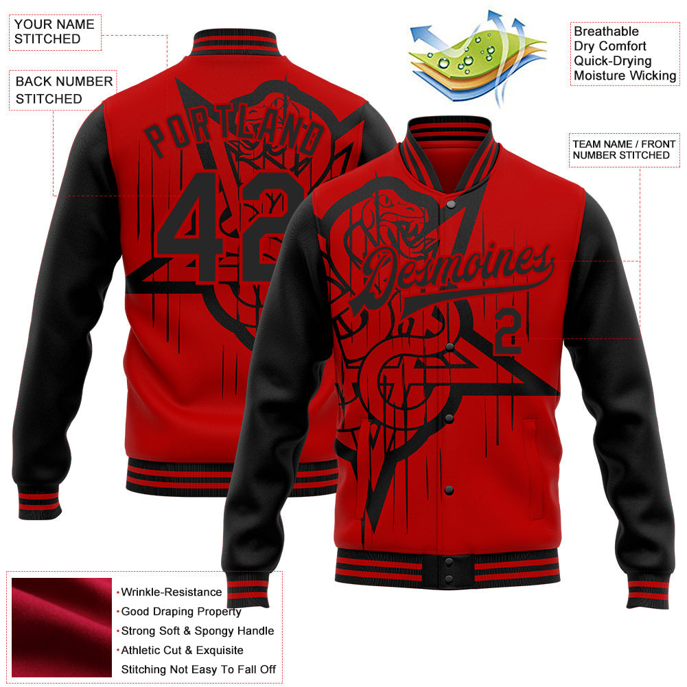 Custom Red Black Gothic Snake Grunge 3D Pattern Design Bomber Full-Snap Varsity Letterman Jacket