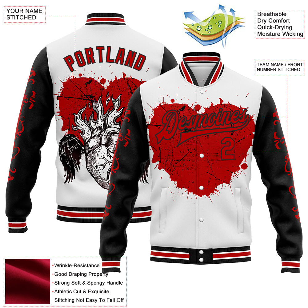 Custom White Red-Black Gothic Grunge Splash Heart 3D Pattern Design Bomber Full-Snap Varsity Letterman Jacket