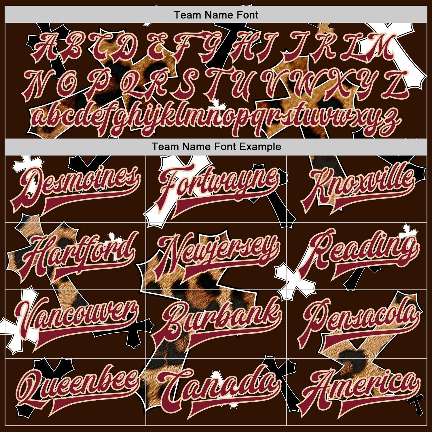 Custom Brown Crimson City Cream-Black Gothic Leopard Print Crosses 3D Pattern Design Bomber Full-Snap Varsity Letterman Jacket