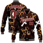 Custom Brown Crimson City Cream-Black Gothic Leopard Print Crosses 3D Pattern Design Bomber Full-Snap Varsity Letterman Jacket