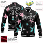 Custom Black White Y2K Stars 3D Pattern Design Bomber Full-Snap Varsity Letterman Jacket