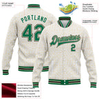 Custom White Kelly Green Cream-Black Crosses 3D Pattern Design Bomber Full-Snap Varsity Letterman Jacket