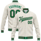 Custom White Kelly Green Cream-Black Crosses 3D Pattern Design Bomber Full-Snap Varsity Letterman Jacket