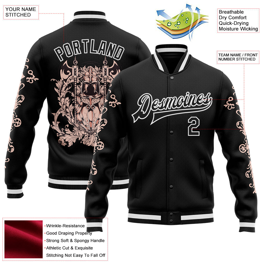 Custom Black White Gothic Skull 3D Pattern Design Bomber Full-Snap Varsity Letterman Jacket