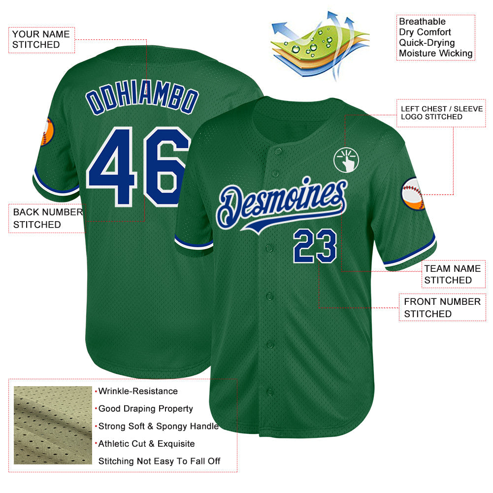 Custom Kelly Green Royal-White Mesh Authentic Throwback Baseball Jersey