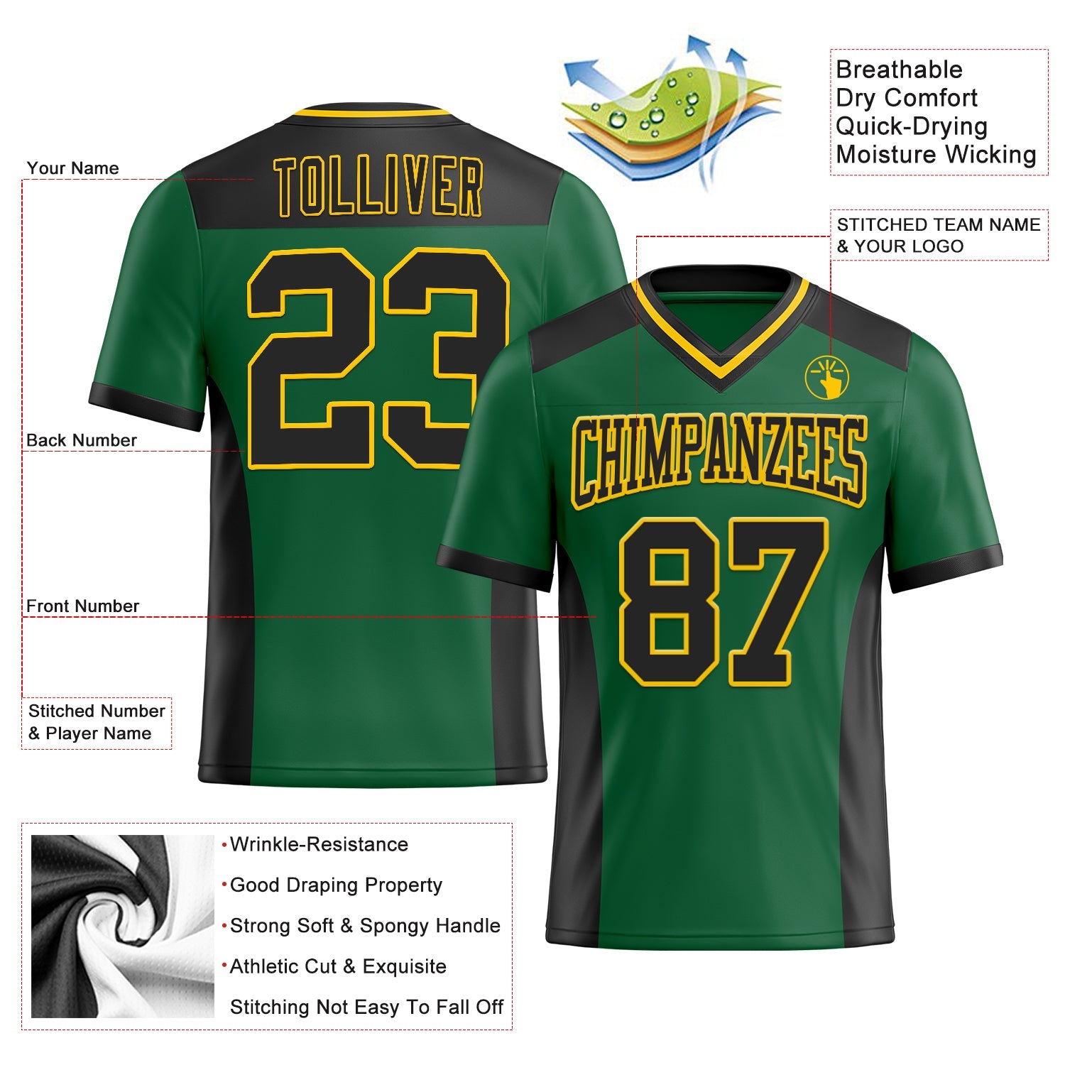 Custom Kelly Green Black-Yellow Authentic Football Jersey