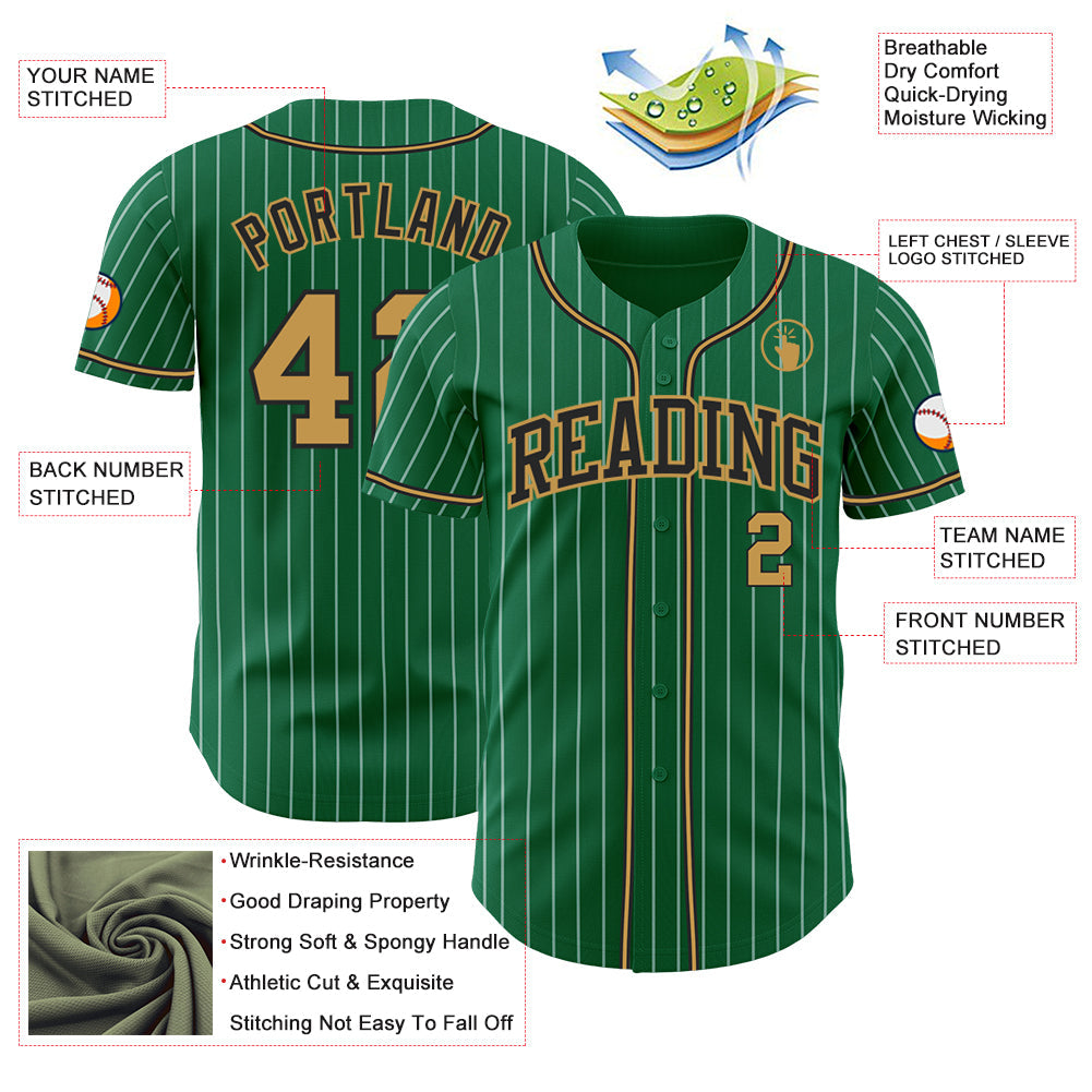 Custom Kelly Green White Pinstripe Old Gold-Black Authentic Baseball Jersey