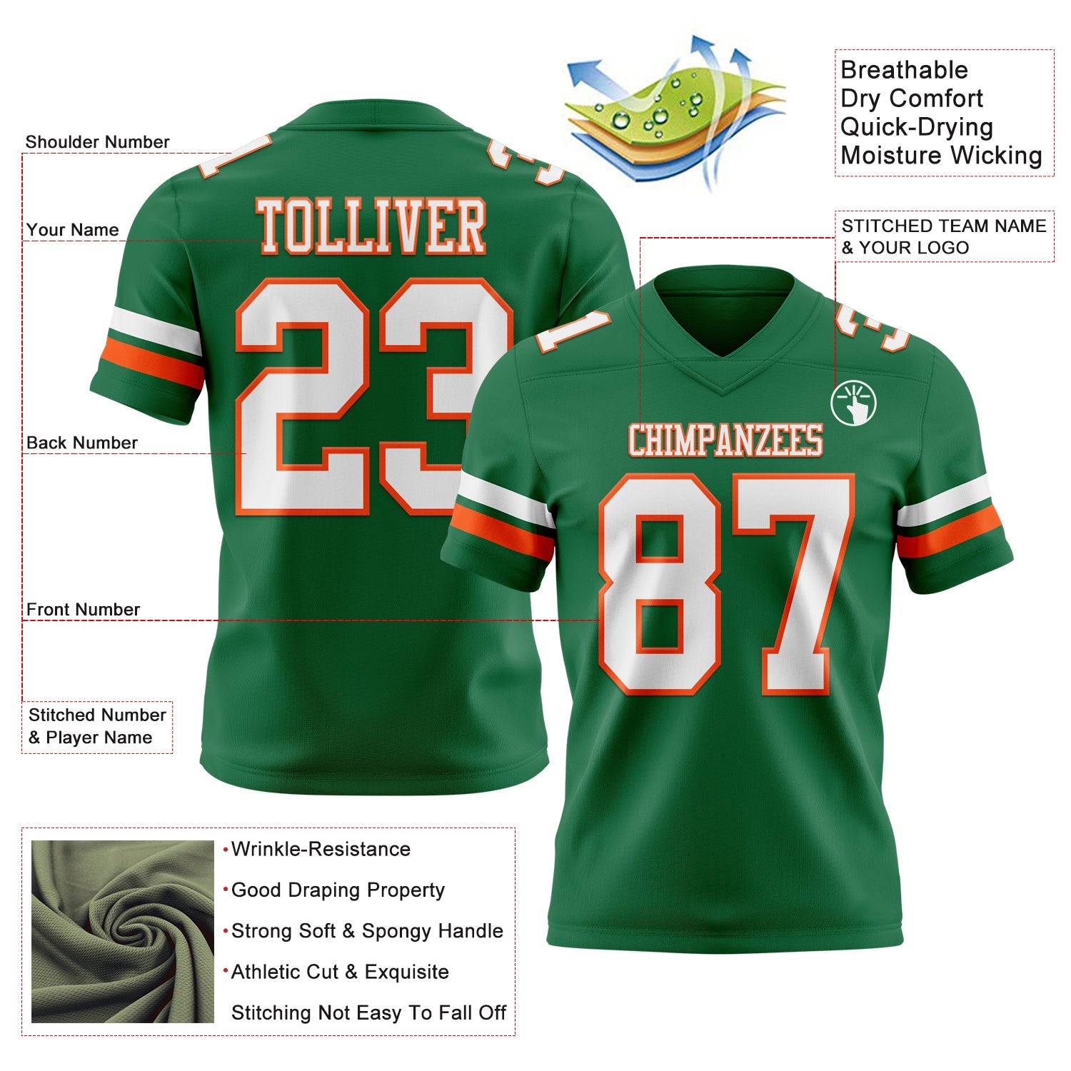 Custom Kelly Green White-Orange Authentic Football Jersey