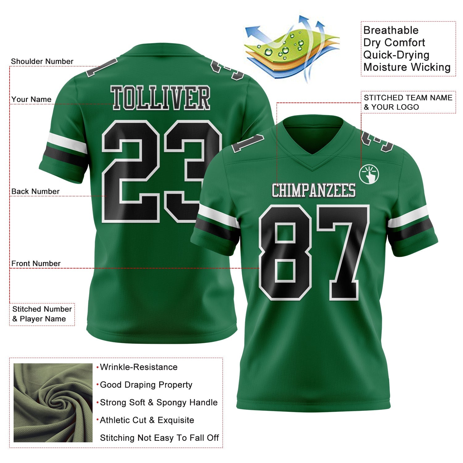 Custom Kelly Green Black-White Authentic Football Jersey