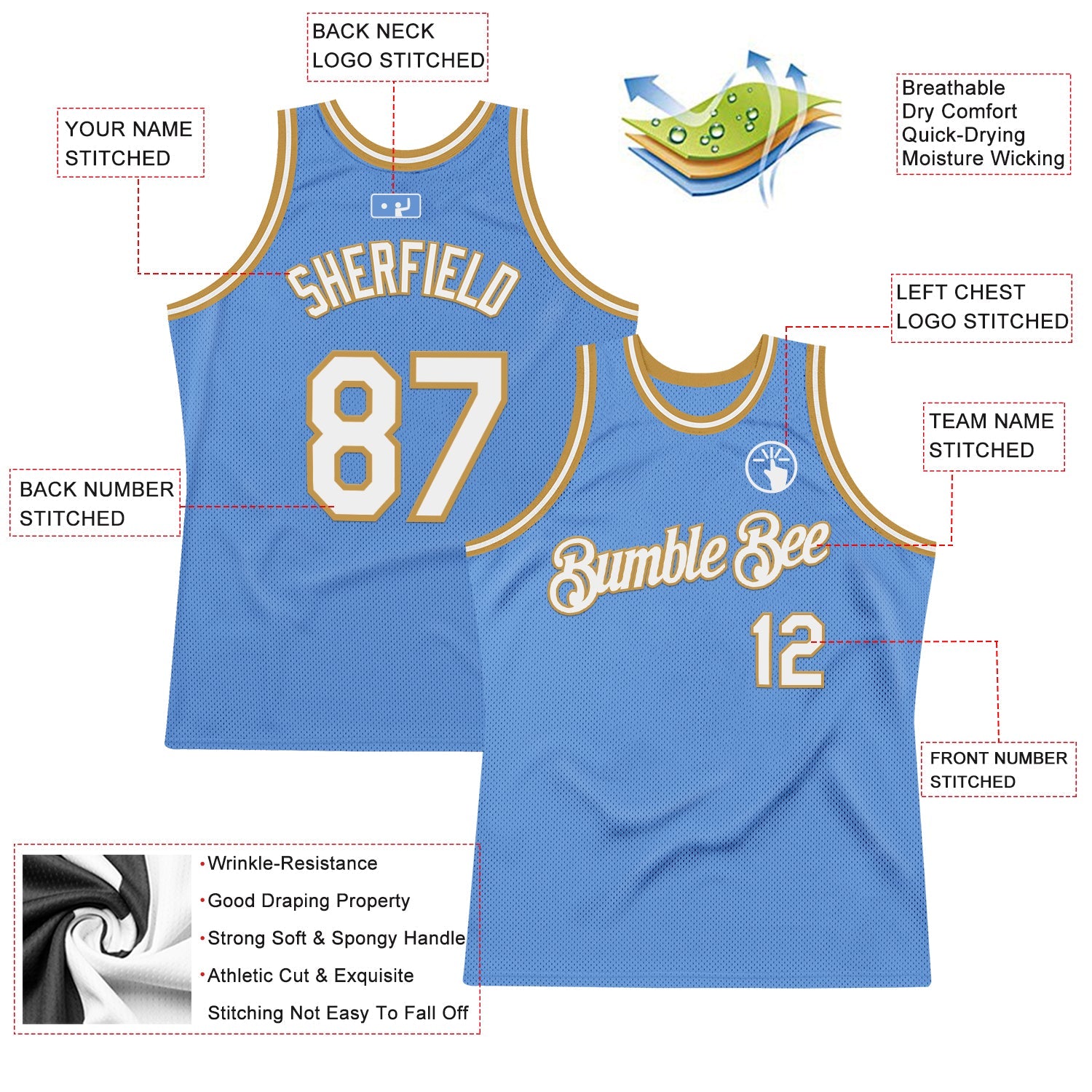 Custom Light Blue White-Old Gold Authentic Throwback Basketball Jersey