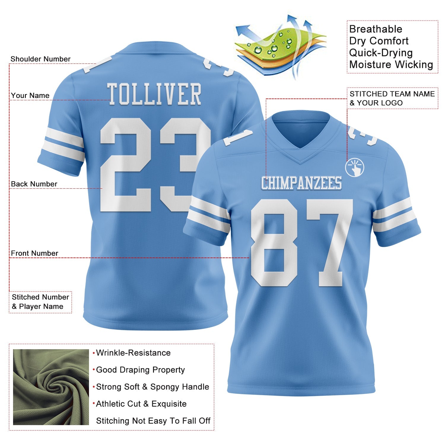 Custom Light Blue White Authentic Football Jersey