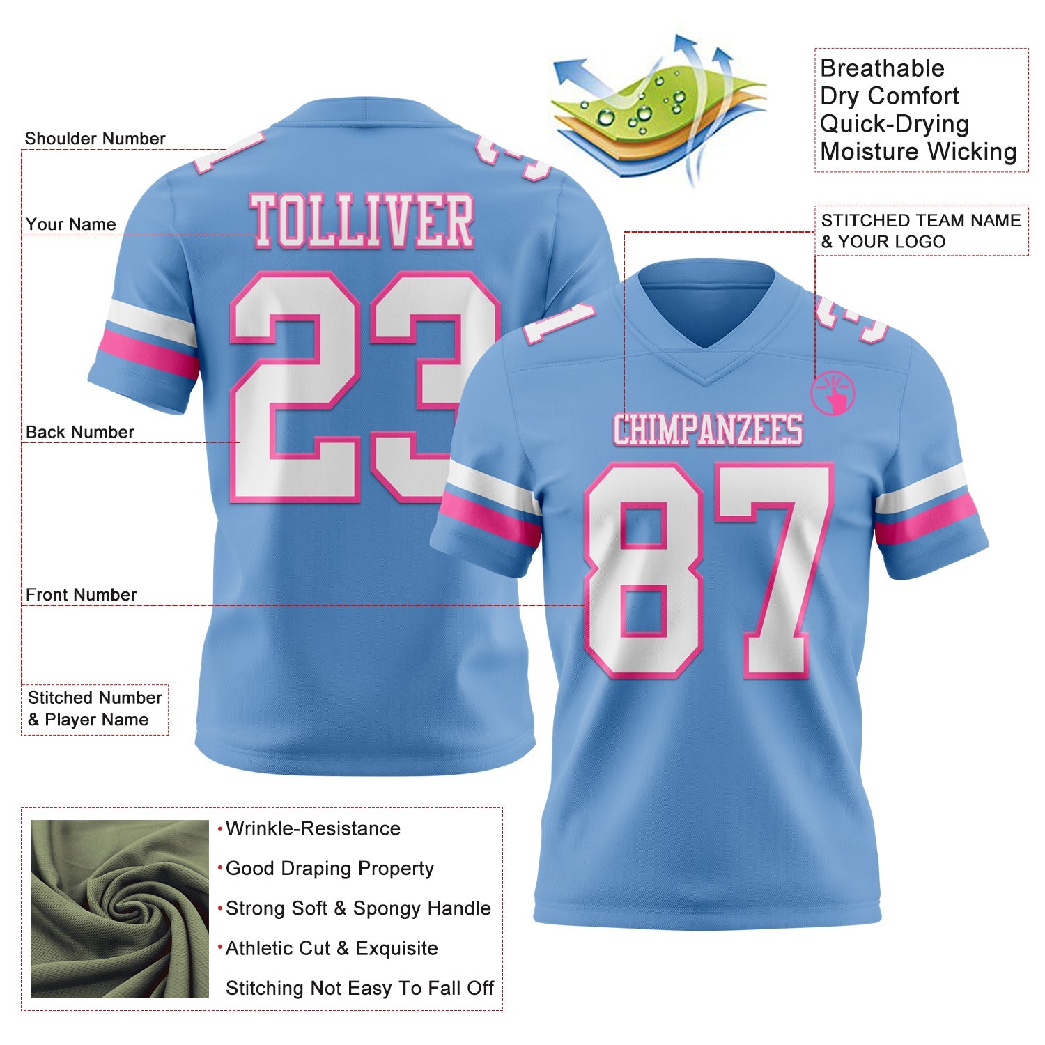 Custom Light Blue White-Pink Authentic Football Jersey