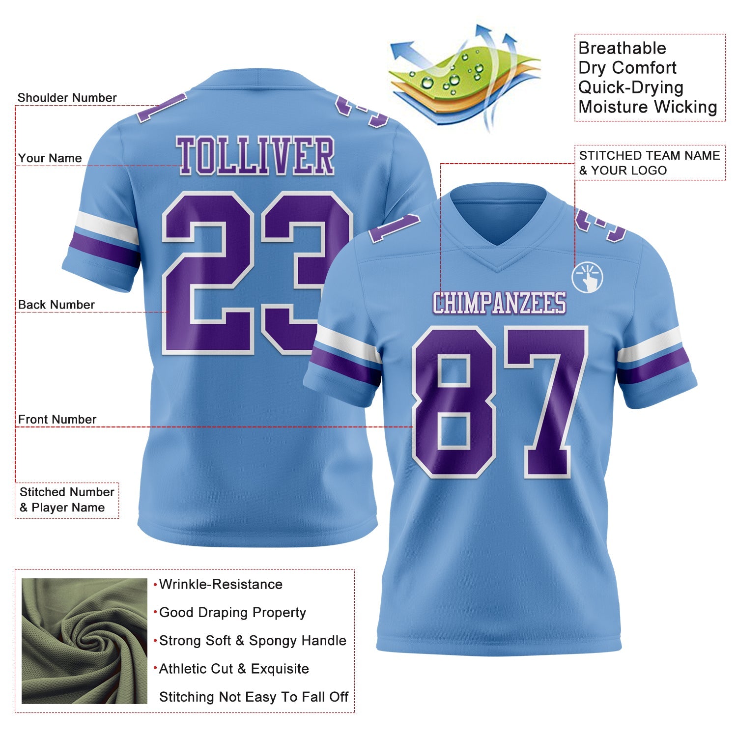 Custom Light Blue Purple-White Authentic Football Jersey