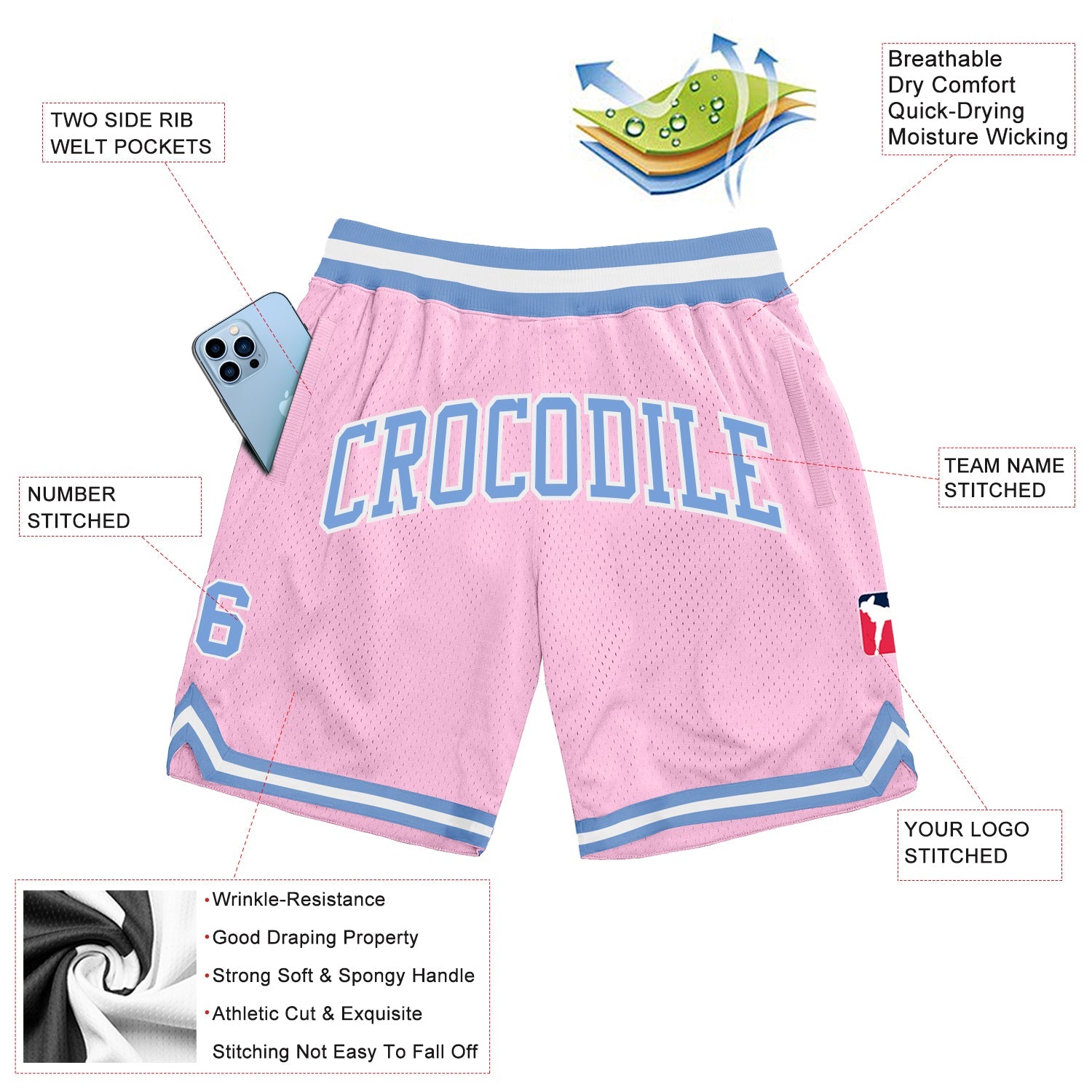 Custom Light Pink Light Blue-White Authentic Throwback Basketball Shorts